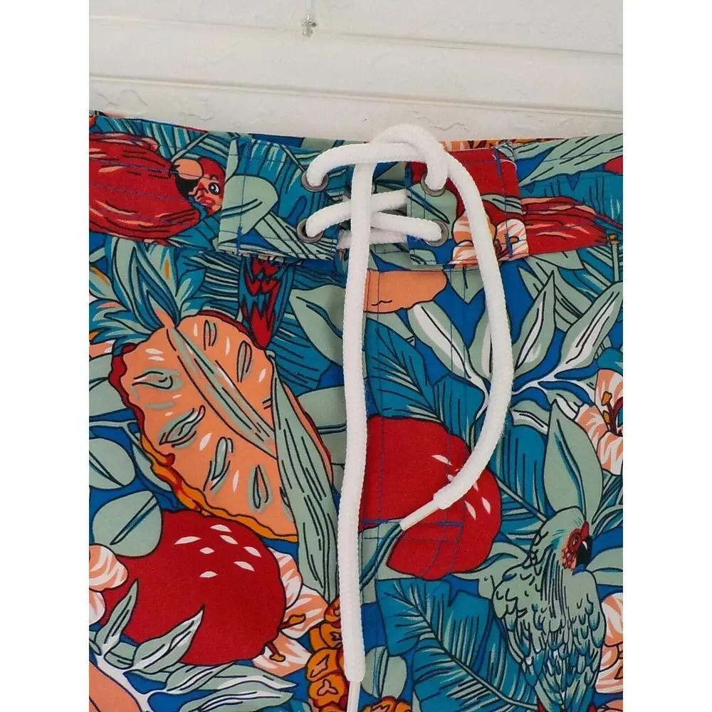 ACA JOE Blue Swim Shorts Trunks Men XL Tropical Floral Birds Print Pockets Lined